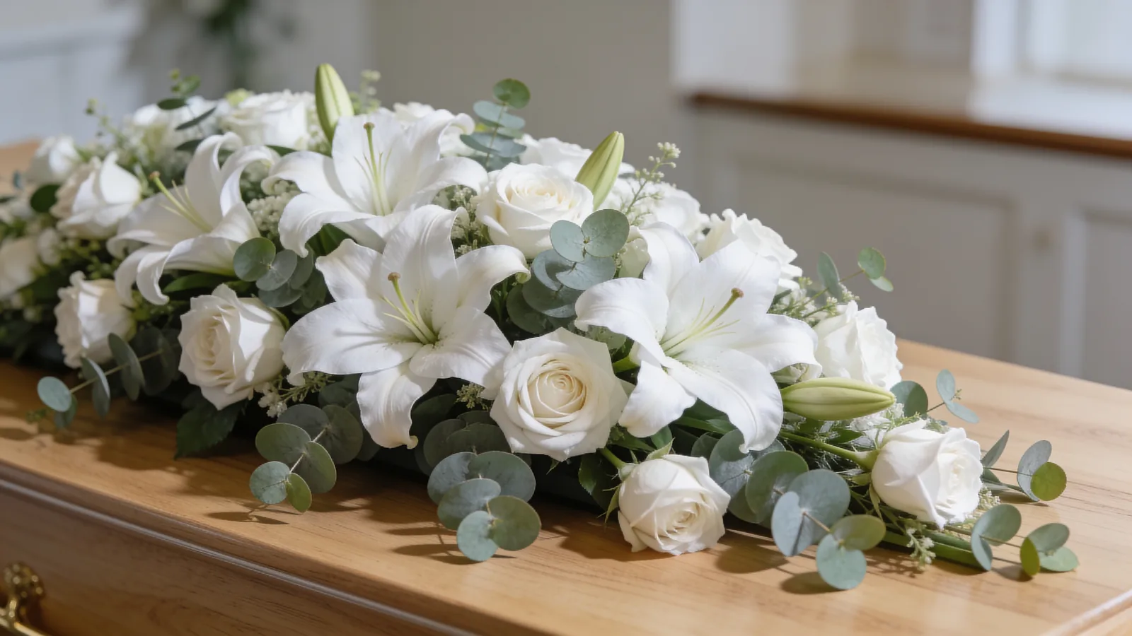 Sargbouquet mit Lilien und Rosen
