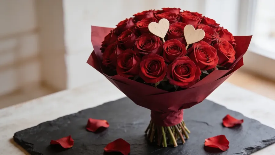 Valentinstag mit roten Rosen und Herzen